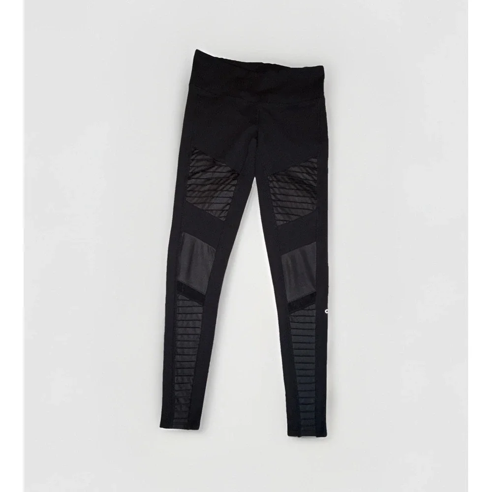 Alo Yoga Moto Leggings Women's XS Black High Waist Pintuck Mesh Panel Spandex
